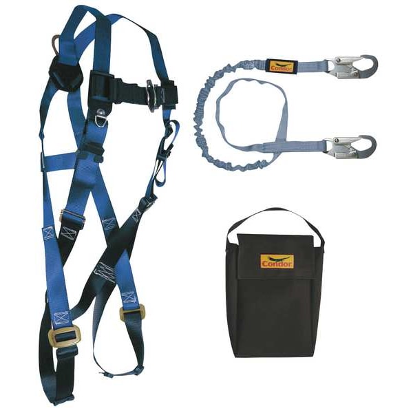 Condor Fall Protection Kit, General Use, 6 ft Shock-Absorbing Lanyard / Harness / Storage Bag, Universal - 19F395