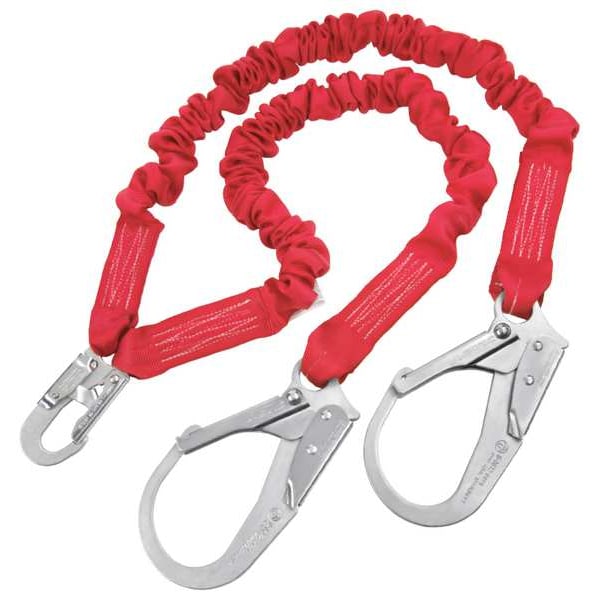 3M Protecta PRO Stretch Shock Absorbing Lanyard, 100% Tie-Off, Elastic, Snap Hook, Two Rebar Hooks, 6 ft, Red - 1340161