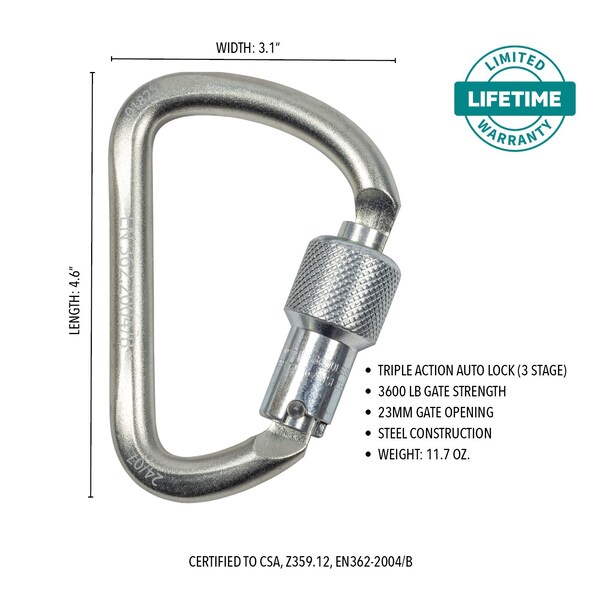 Notch Modified Steel D Carabiner - CSA certified 99565-3 - 99565-3