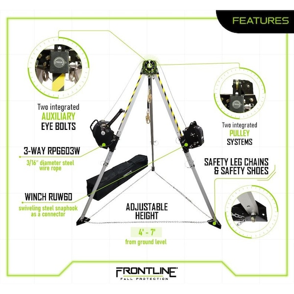 Frontline MEGApod Confined Space 7' Aluminum Tripod with 60' Winch and 3-Way SRL - TAN07RURP