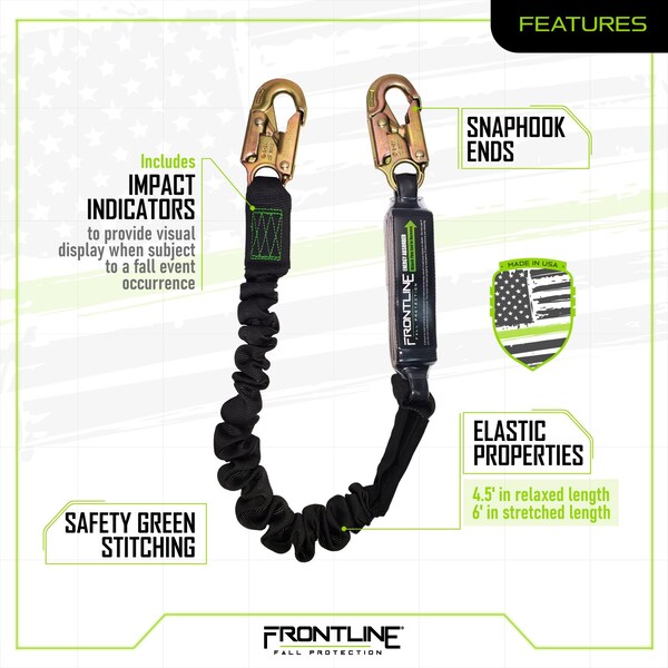 Frontline Patriot 6' Single Leg Elastic Lanyard with Snaphooks - LES61S-US