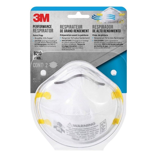 Scotch 3M N95 Paint Prep Cup Disposable Respirator White One Size Fits All 2 pc - 8210P2-DC