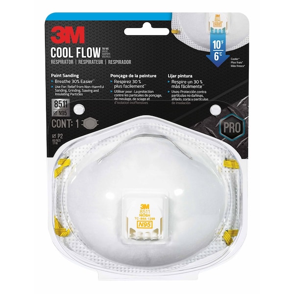 Scotch 3M N95 Paint Sanding Cup Disposable Respirator Pro-Series Valved White One Size Fits All 1 pc - 8511PA1-A-PS