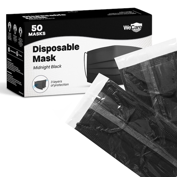 Wecare Individually Wrapped Disposable Face Masks, Black, 50PK - WC-WMN100006-2