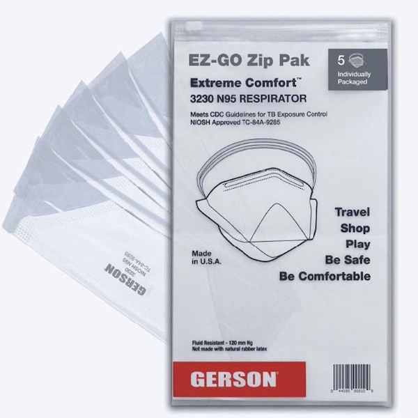 Gerson NIOSH N95 Particulate Respirator, Pouch Style. Individually Wrapped. EZ-GO 5 PAK, 40 Pack, 200PK - 083230-EZGOB