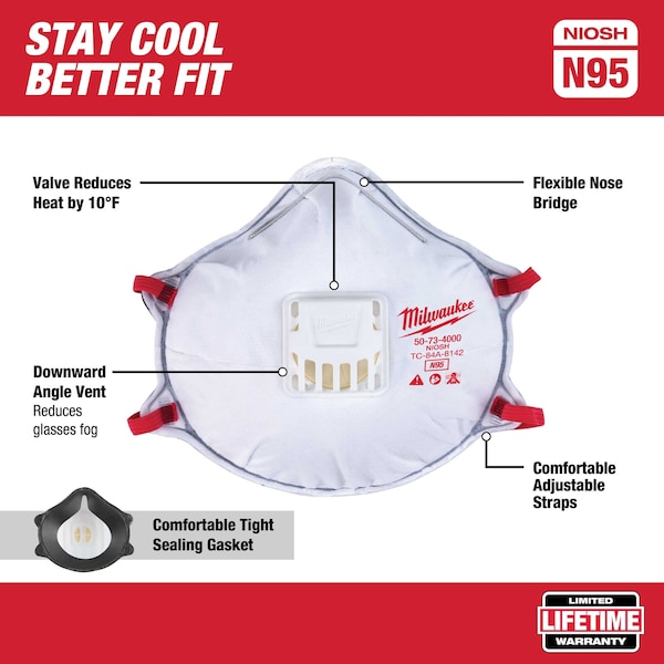 Milwaukee Tool Disposable Respirator, N95, Molded, Dual, Adjustable, Molded Nose Bridge, M - 48-73-4001