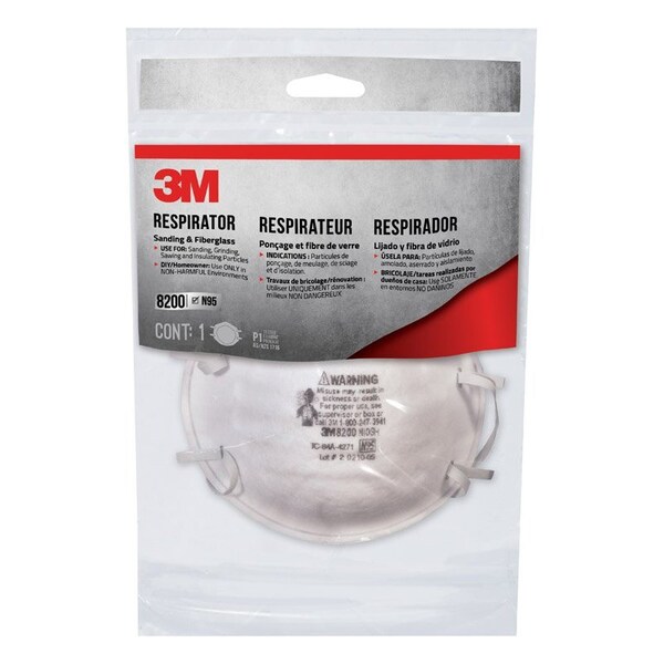 Scotch 3M N95 Sanding and Fiberglass Cup Disposable Respirator White One Size Fits All 1 pk - 8200H1-DC