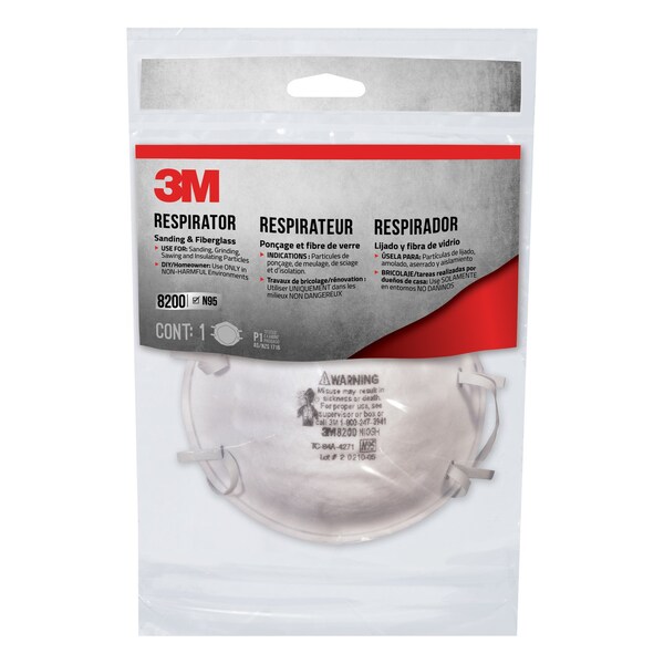 Scotch 3M N95 Sanding and Fiberglass Cup Disposable Respirator White One Size Fits All 1 pk - 8200H1-DC