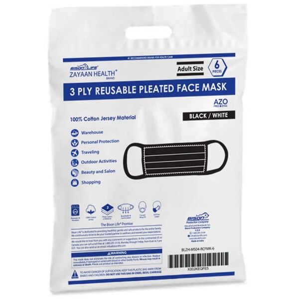 Zayaan Health Reusable 3 Ply Pleated Cotton Adult Face Mask, Black (6-Pack) - BLZH-MS02-RCFM-6