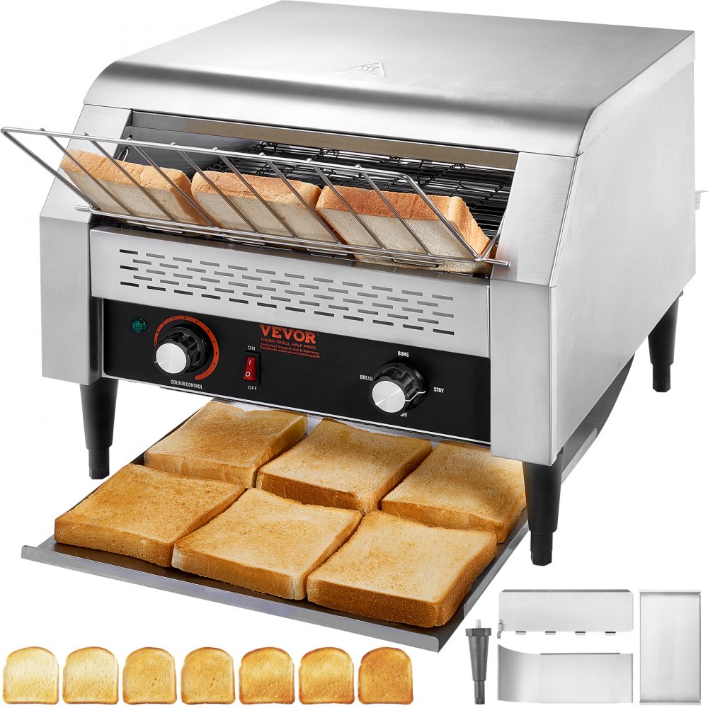 VEVOR Commercial Conveyor Toaster, 450 Slices/Hour Conveyor Belt Toaster, Heavy Duty Stainless Steel Commercial Toaster Oven, Electric Restaurant Commercial Toaster for Toast Bun, Bagel, Bread - LSKMBJ450PMXDHB67V1