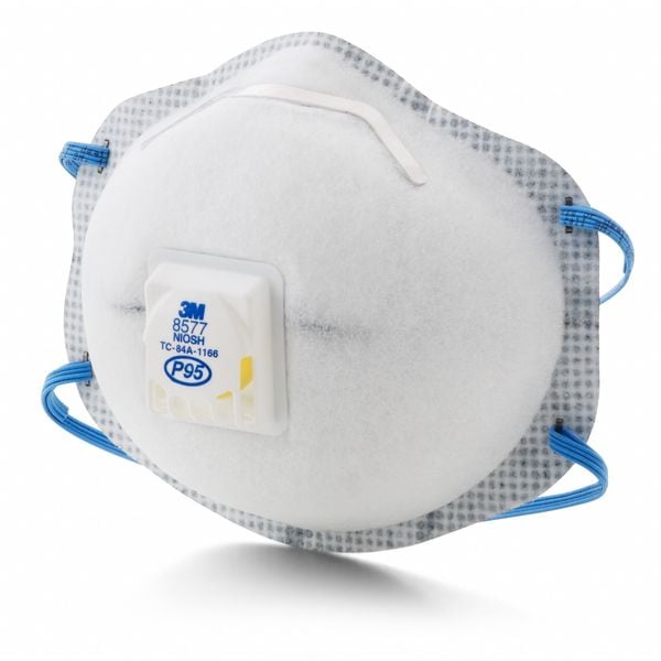 3M Disposable Respirator, Nuisance Organic Vapor, P95, Molded, Dual, Non-Adjustable, Metal Nose Clip - 8577