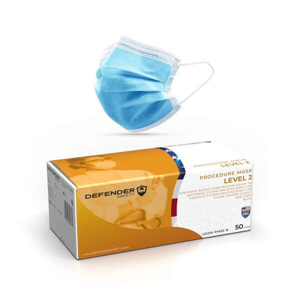 Defender Safety Procedural Mask, Blue, One Size Fits Most, 2000 PK - UDSM-PM02-03-C