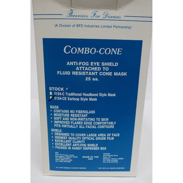 Combo-Cone BOX OF 25 ANI-FOG EYE SHIELD FLUID RESISTANT CONE MASK - 5194-CE
