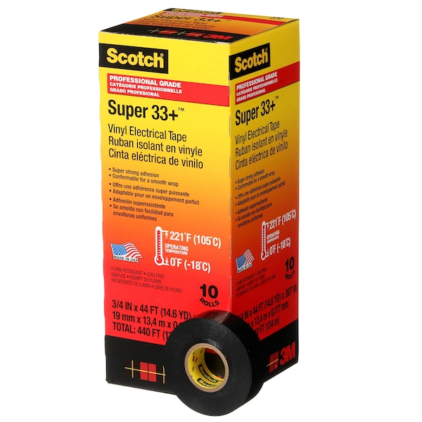 Cinta eléctrica de 3M, 7 mil, 3/4" x 44 ft., paquete de 100 - 33+SUPER-3/4X44FT