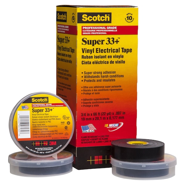 Cinta eléctrica de 3M, 7 mil, 3/4" x 44 ft., paquete de 100 - 33+SUPER-3/4X44FT