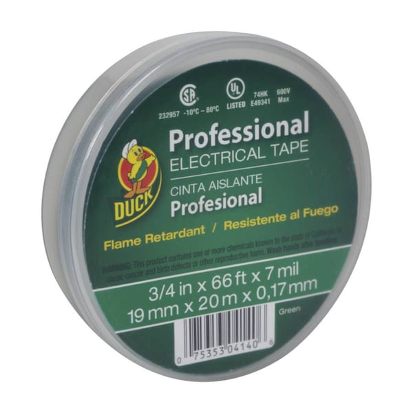 Cinta eléctrica de vinilo verde de grado profesional de Duck Brand, 0.75 pulgadas de ancho x 66 pies de largo - 299014