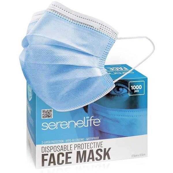 Serenelife Disposable Face Masks - 3 Layer, Breathable Face Masks, Dust Covering (Adult), PK 1000 - SL3PLY1000