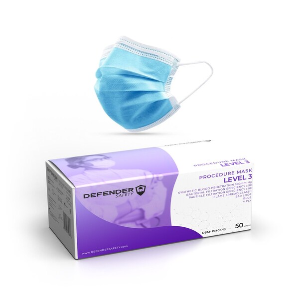 Defender Safety Procedural Mask, Blue, One Size Fits Most, 2000 PK - DSM-PM03-03-C