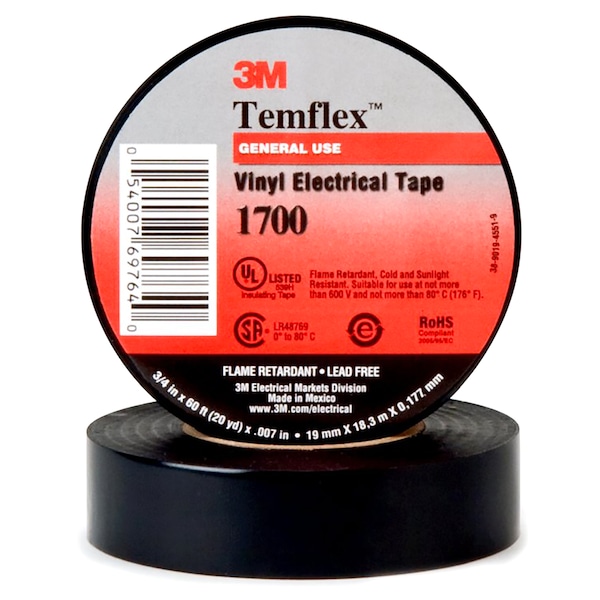 Cinta eléctrica de vinilo económica Temflex de 3M de 3/4" x 60' con núcleo de 1.5" - 3MECON60FT