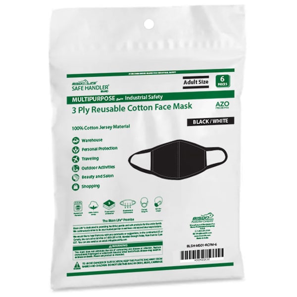 Safe Handler Reusable 3 Ply Cotton Center Seam Adult Face Mask, Black (6-Pack) - BLSH-MS01-RCFM-6