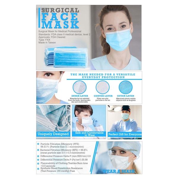 Master Grade Surgical Face Mask, FDA class II medical device, level 2, FDA Cleared - M-2000B