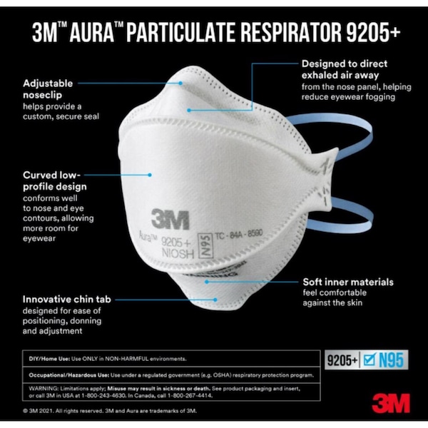 3M 3M Aura N95 Dust Protection Particulate Respirator 9205+ White 10 pk - 9205P-10-DC