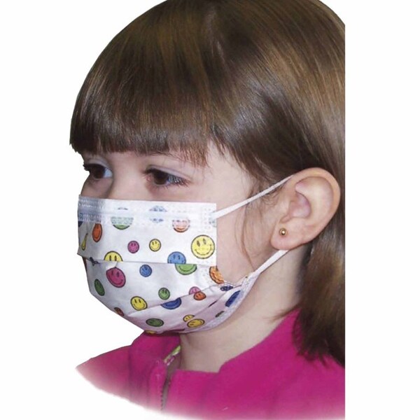 Precept Childrens Mask Procedure Mask Pleated Earloops One Size Fits Most Kid Design Happy Face Print Pediatric, 75PK - 15150