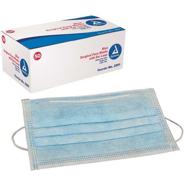 Dynarex Procedural Mask, 3-Ply, Dual, Non-Adjustable Strap, Metal Nose Clip, Blue, M, 600 PK - 2201