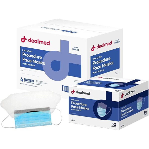 Dealmed Procedure Face Mask With Ear Loop & Shield, Blue, 50/Bx, 4/Cs, 200PK - 784011