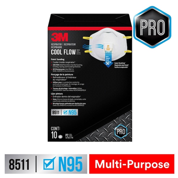 Scotch 3M N95 Sanding and Fiberglass Cup Disposable Respirator Pro-Series Valved White 10 pc - 8511HB1-C-PS
