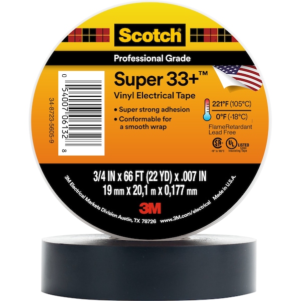Cinta eléctrica de vinilo Super33+ de 3/4" x 66 pies, color negro - 7010349613