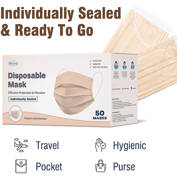 Wecare Disposable Face Mask, 3, Nude, Universal, 50 PK - WMN100023