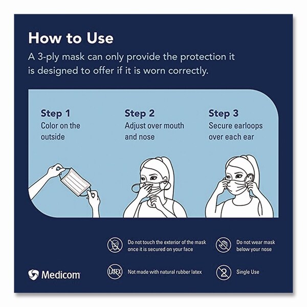 Medicom Three-Ply Disposable Face Mask, Paper, One Size Fits Most, 50PK - 214115/-CAN