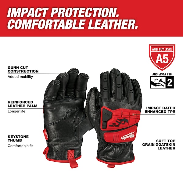 Milwaukee Tool Impact Cut Level 5, Goatskin Leather Glov, Goatskin, Shirred Slip-On Cuff, Keystone Thumb, S - 48-22-8780
