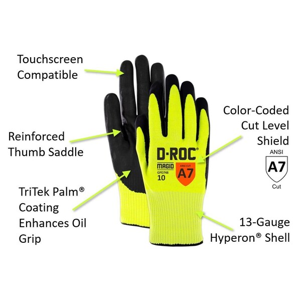 Magid Coated Gloves, Hi-Viz Yellow, 9 - GPD7489