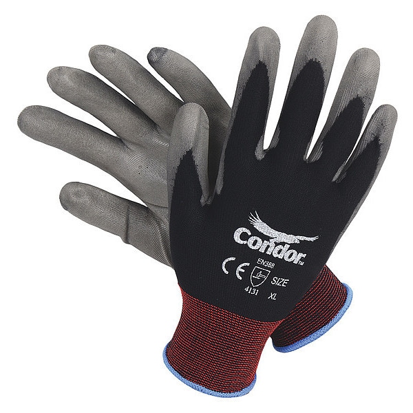 Condor Coated Gloves, Polyurethane, Smooth, Palm, 3 Abrasion Level, Black, M (8) 1 PR - 19L491