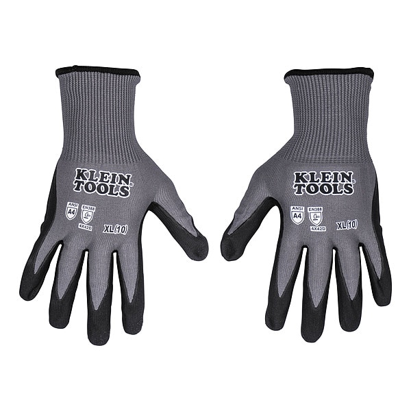 Klein Tools A4 Cut Knit Dipped Gloves, XL, 2-Pr, HPPE, Knit, Gray/Black, 2 PK - 60590