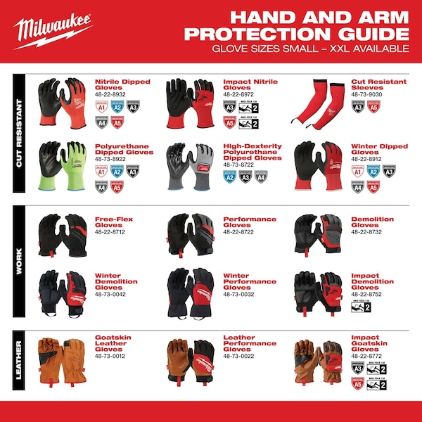Milwaukee Tool Impact Cut Level 3, Goatskin Leather Glov, Goatskin, Shirred Slip-On Cuff, Keystone Thumb, M - 48-22-8771