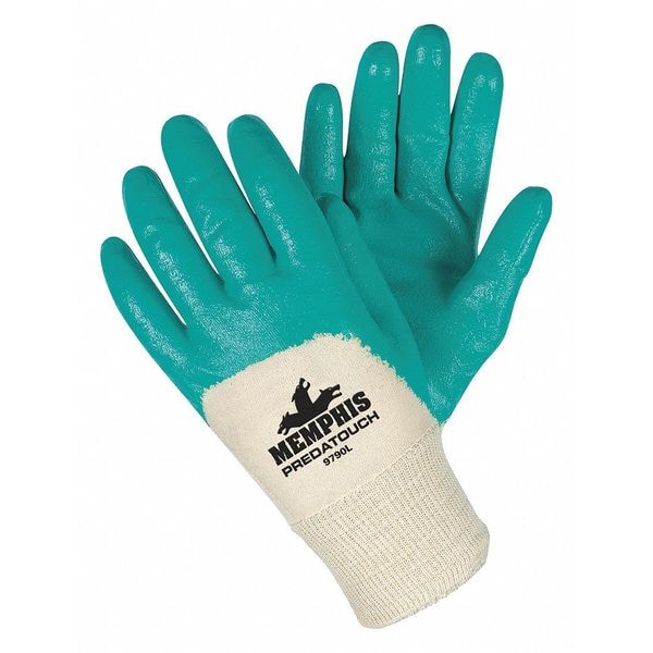 Mcr Safety Coated Gloves, Nitrile, Smooth, 3/4 Dip, 0 Abrasion Level, White/Green, S 1 PR - 9790S