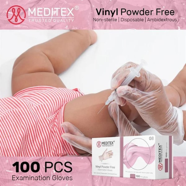 Meditex G8, Disposable Gloves, 4 mil Palm, Vinyl, Powder-Free, XL, 100 PK, Clear - MD-VIN-100-G8-XL