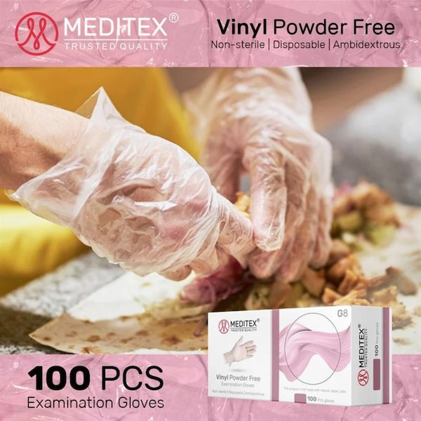 Meditex G8, Disposable Gloves, 4 mil Palm, Vinyl, Powder-Free, XL, 100 PK, Clear - MD-VIN-100-G8-XL