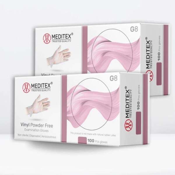 Meditex G8, Disposable Gloves, 4 mil Palm, Vinyl, Powder-Free, XL, 100 PK, Clear - MD-VIN-100-G8-XL
