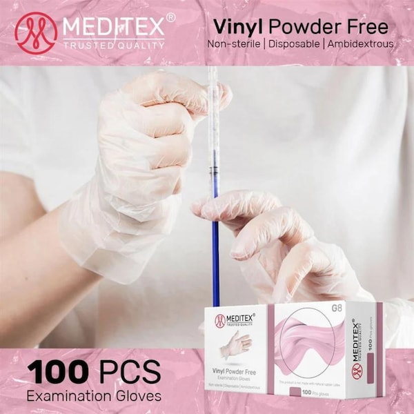 Meditex G8, Disposable Gloves, 4 mil Palm, Vinyl, Powder-Free, XL, 100 PK, Clear - MD-VIN-100-G8-XL