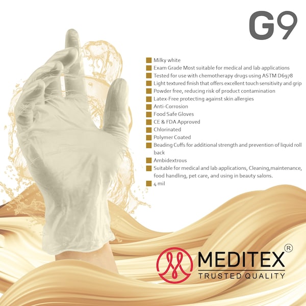 Meditex Disposable Gloves, Latex, M, 100 PK, White - HM2022111913-LX-M