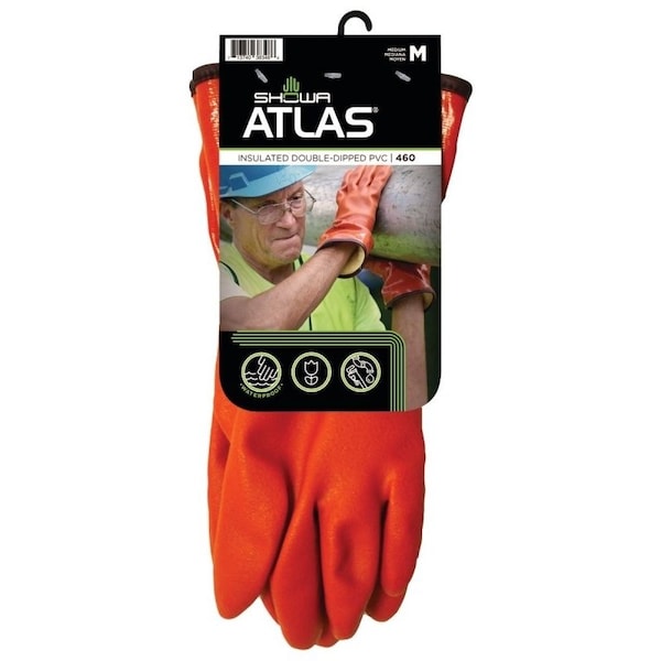 Showa Atlas Insulated Coated Gloves, M, 111316 in L, Gauntlet Cuff, PVC Glove, Orange - 460M-08.RT