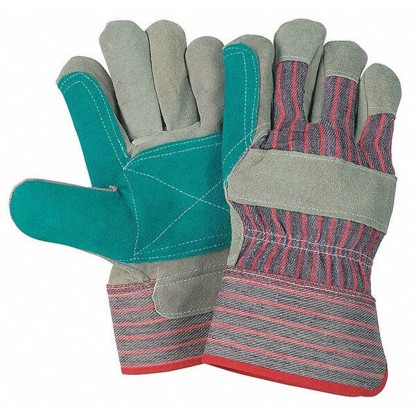 Mcr Safety Leather Palm Gloves, Rubberized Safety Cuff Cuff, Wing Thumb, Gray (Palm), Red/Gray Stripe (Fabric) - 1211J