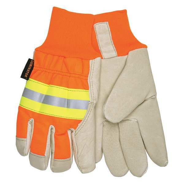 Mcr Safety Leather Gloves, Pigskin Palm, Knit Cuff, Beige Palm, HiVis Orange and Yellow Back, 1 PR - 3440XL