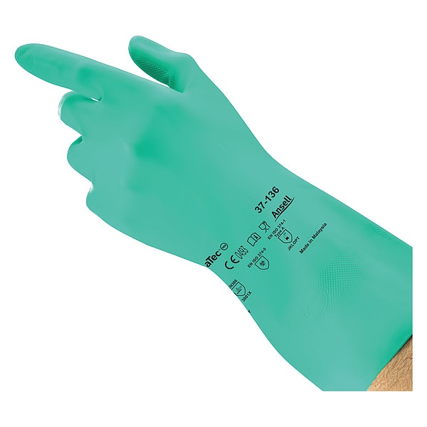 Ansell AlphaTec Chemical Resistant Gloves, Nitrile, 12 in L, 13.58 mil, Green, 8.5, 1 PR - 37-136