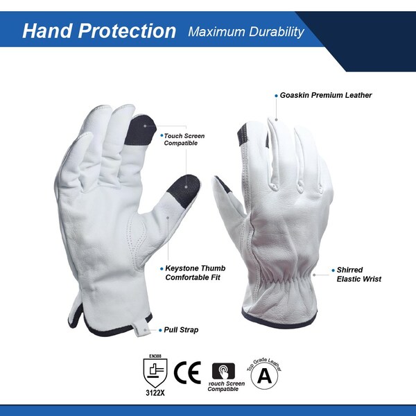 Ge Leather Drivers Gloves, Goatskin Premium Leather, Shirred Elastic Wrist, Keystone Thumb, White, XL - GG302XLC