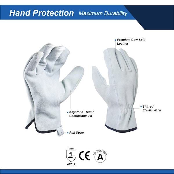 Ge Leather Drivers Gloves, Cow Split Leather, Shirred Elastic Wrist, Keystone Thumb, White, M 1 PR - GG308MC